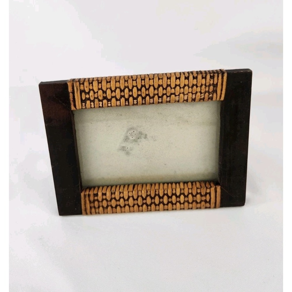 Handmade Photo Wooden Picture Frame Rattan Cane Woven Pattern Rustic Vintage